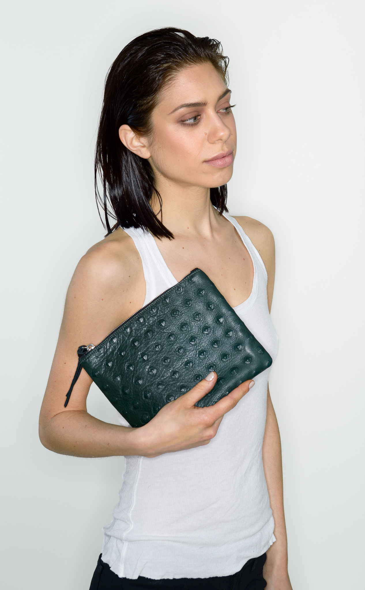 model with handbag