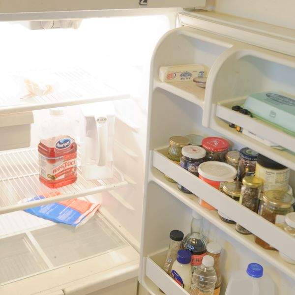 barren refrigerator empty ice pack cranberry juice