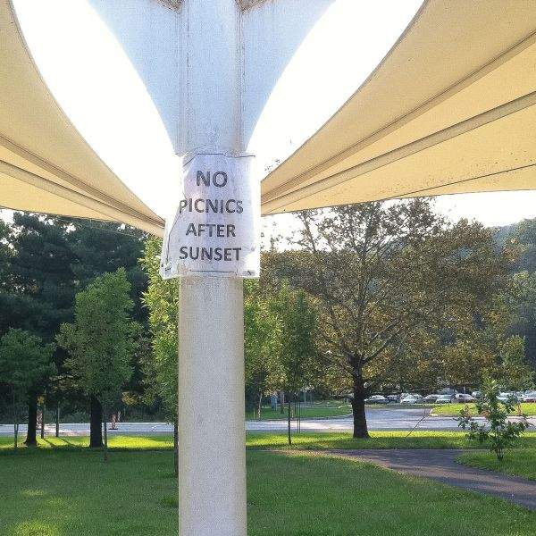 no picnics at picnic table sign