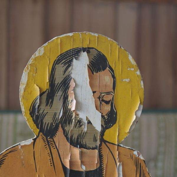 wooden paper jesus yellow halo peeling