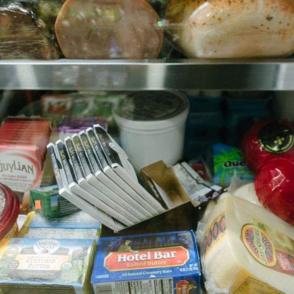 Chocolate bars in a deli meat cooler