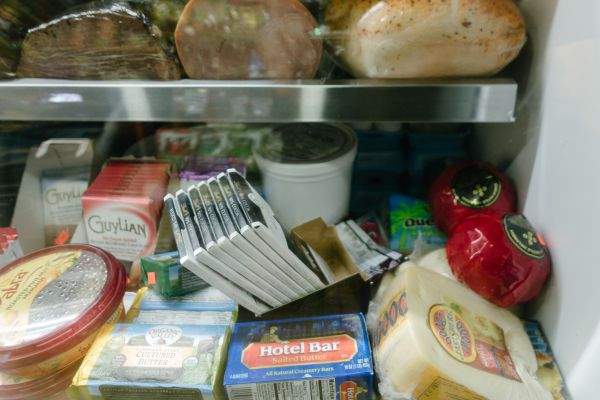Chocolate bars in a deli meat cooler