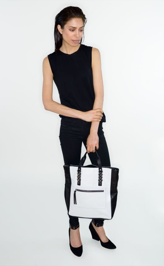 model with handbag