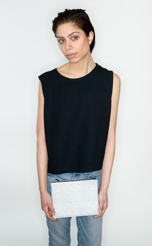 model with handbag