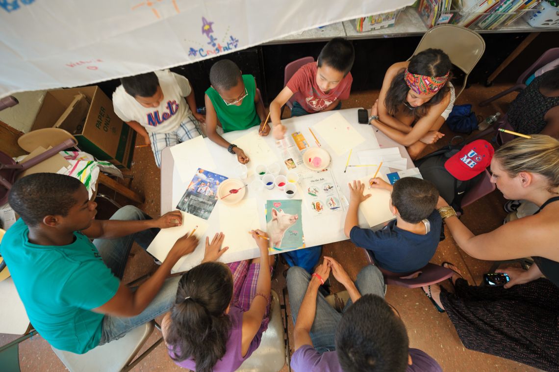 overhead view of students at table