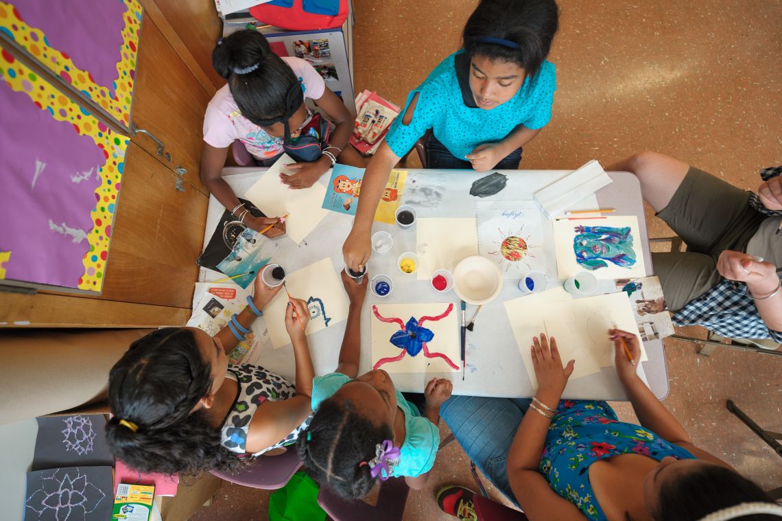 overhead view of students working at table
