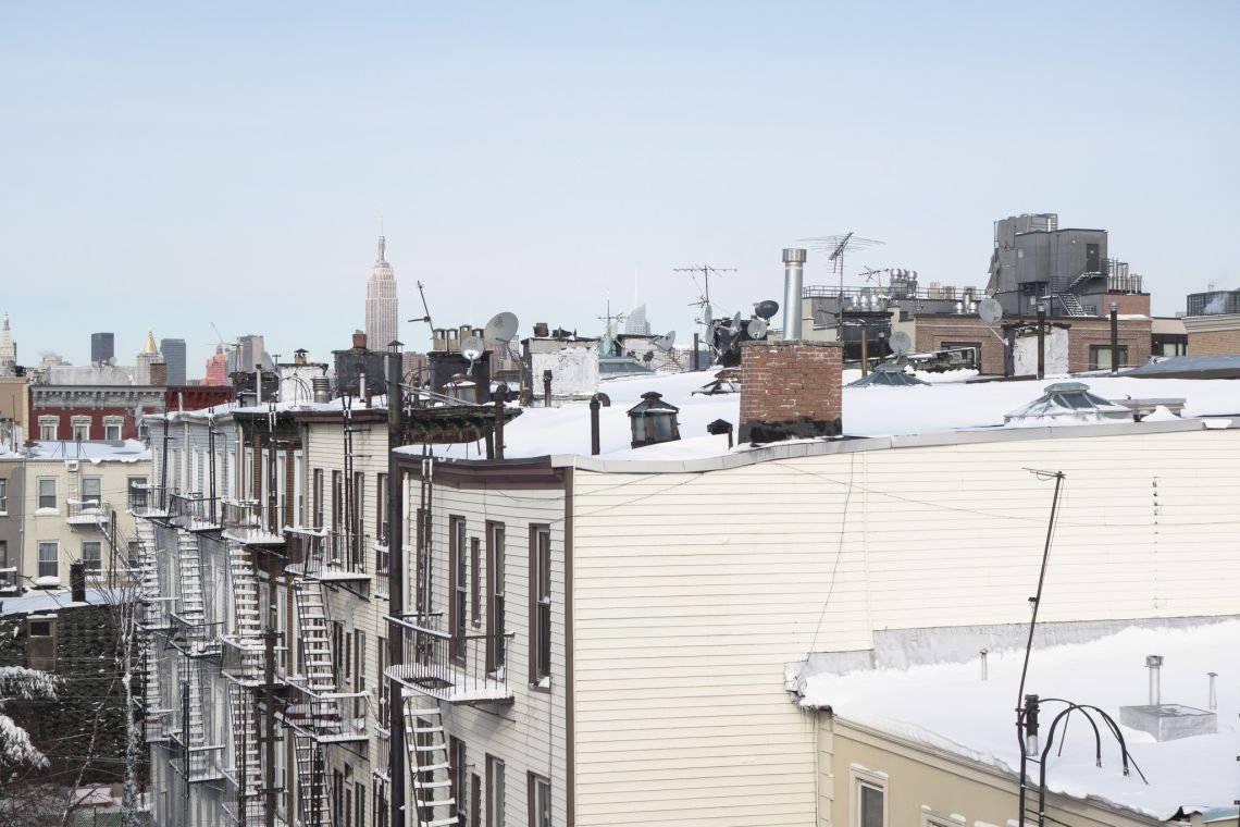 From the roof, the homes and apartment buildings to the west