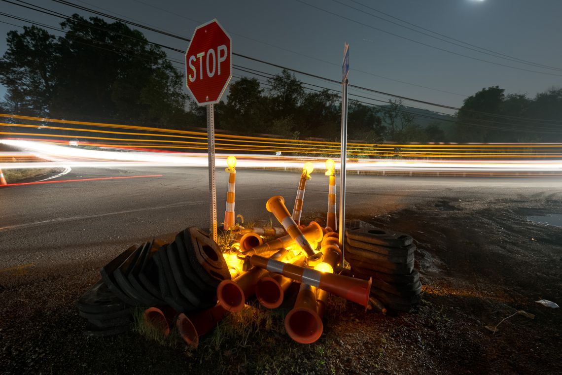 long exposure composite roadside construction zone trailing lights
