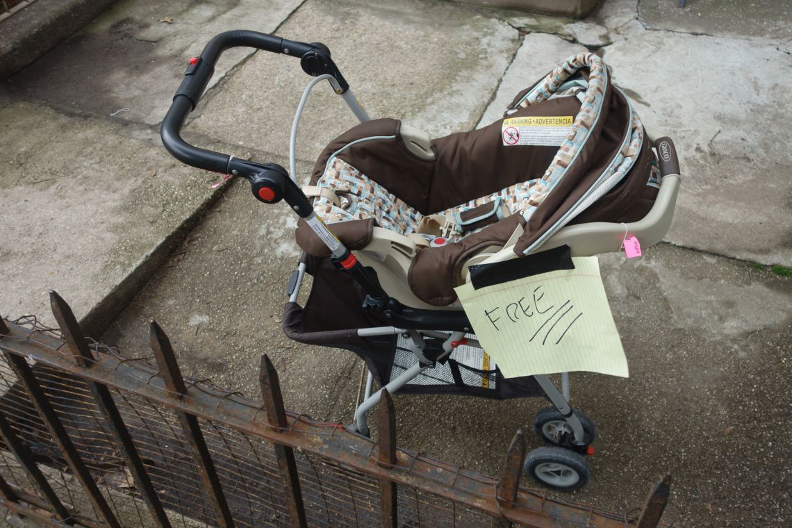 A baby stroller, without the baby.