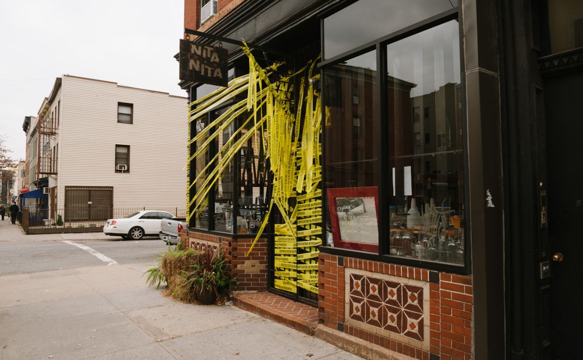 Nita Nita in Williamsburg, Brooklyn has closed and become a gentrification crime scene/artist installation.
