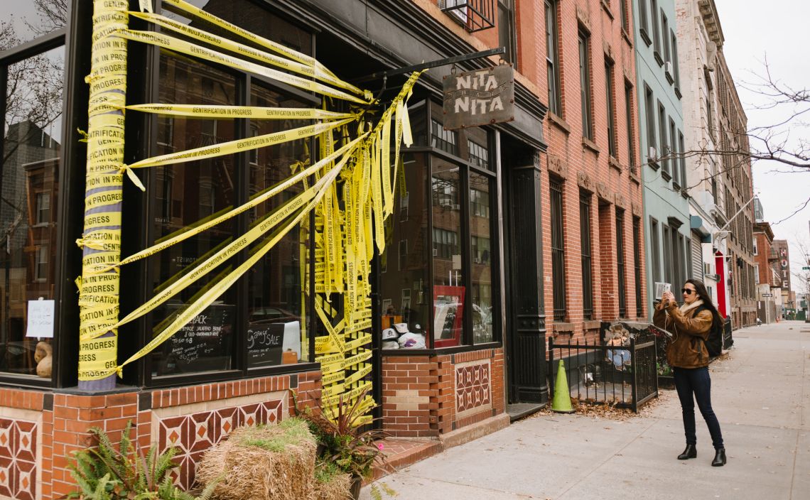 Nita Nita in Williamsburg, Brooklyn has closed and become a gentrification crime scene/artist installation.