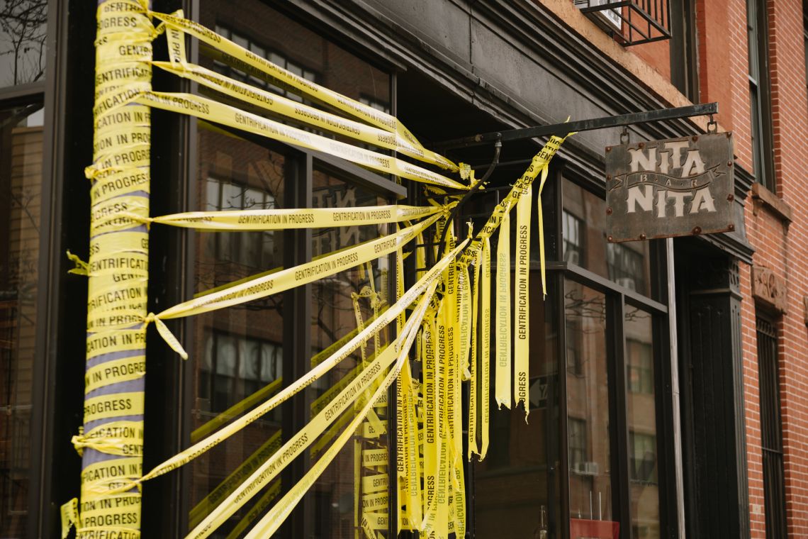 Nita Nita in Williamsburg, Brooklyn has closed and become a gentrification crime scene/artist installation.