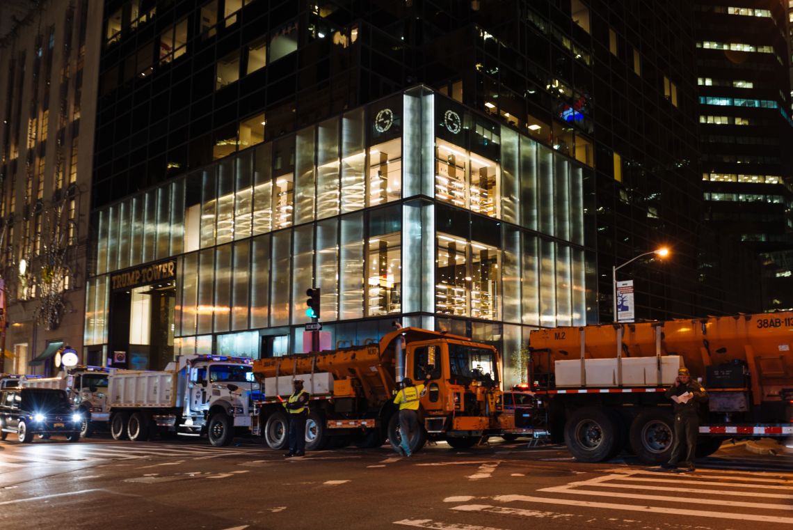NYPD and the DEP built a wall of trucks filled with sand around Trump Tower