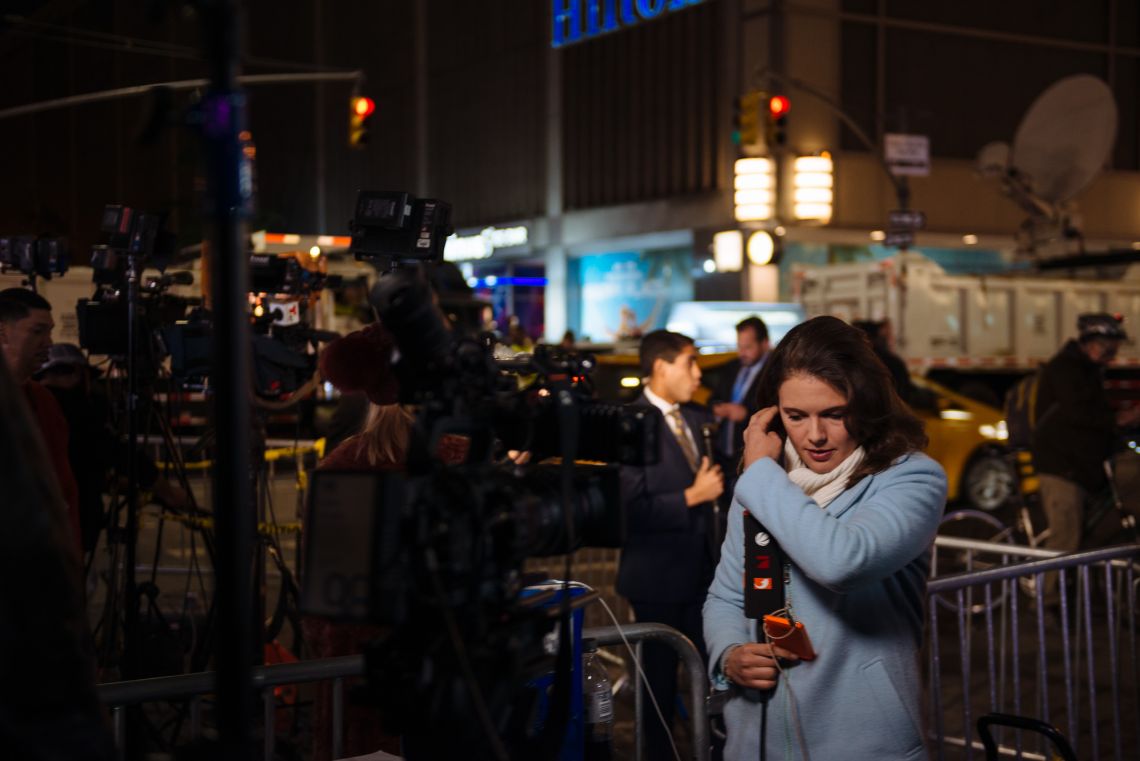 Reporters from around the world gathered outside of the midtown Hilton, where Trump supporters rallied