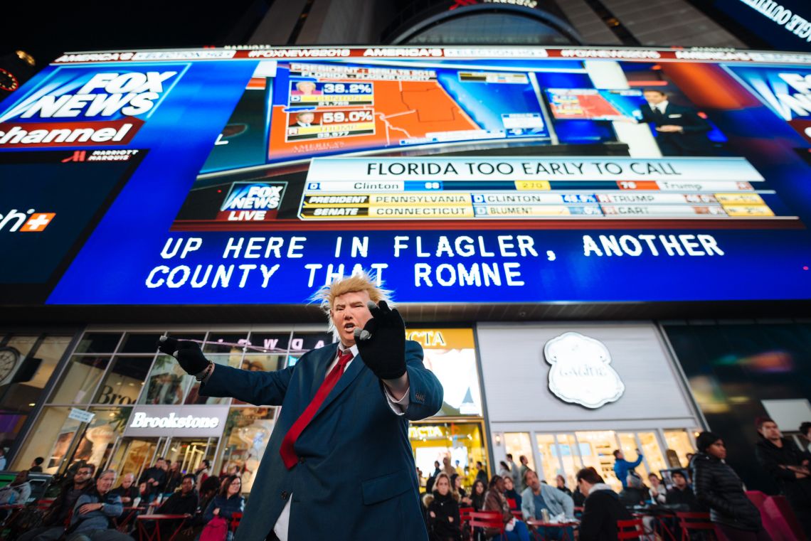 Trump performer under the Fox News broadcast in Times Square