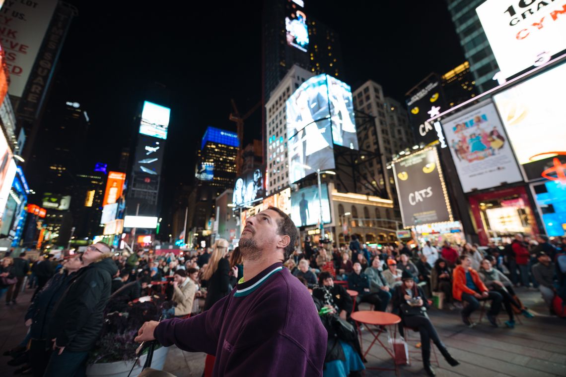 Watching the results trickle in at Times Square