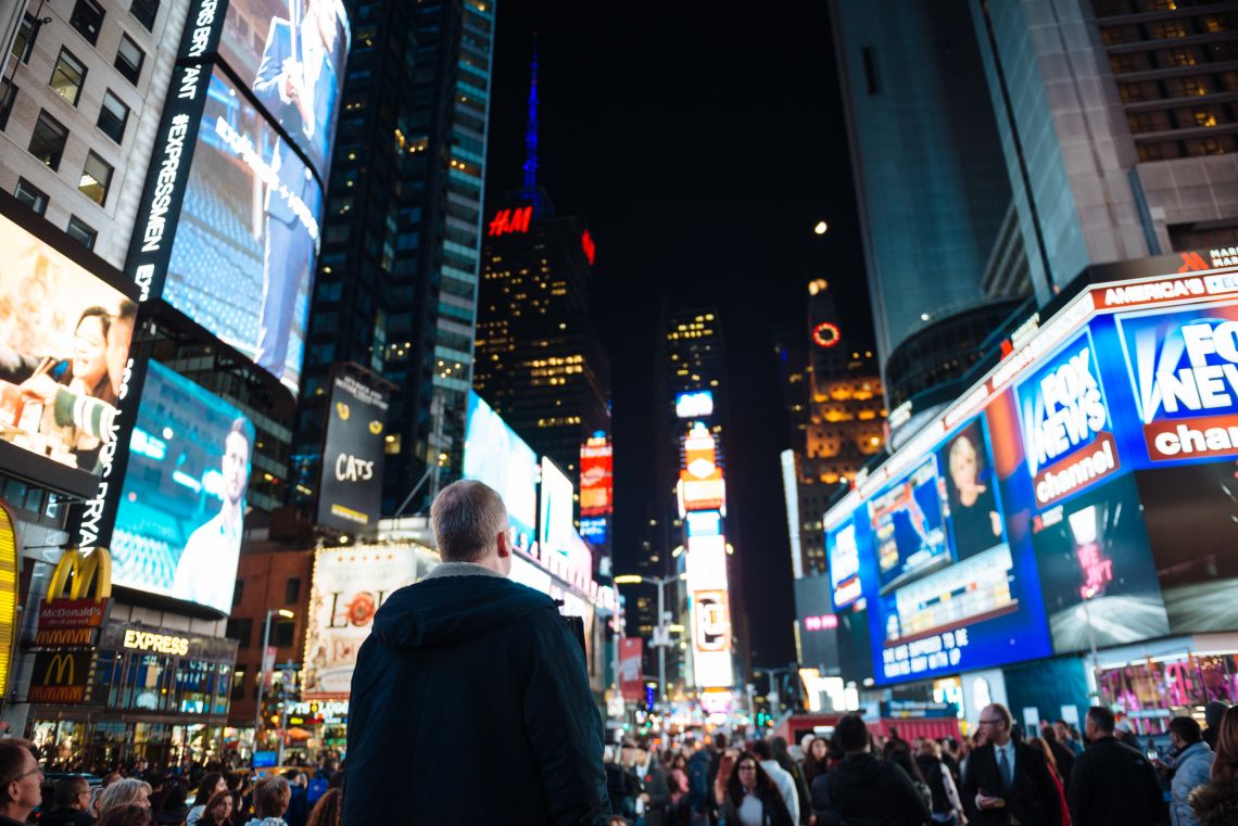 Watching the results trickle in at Times Square