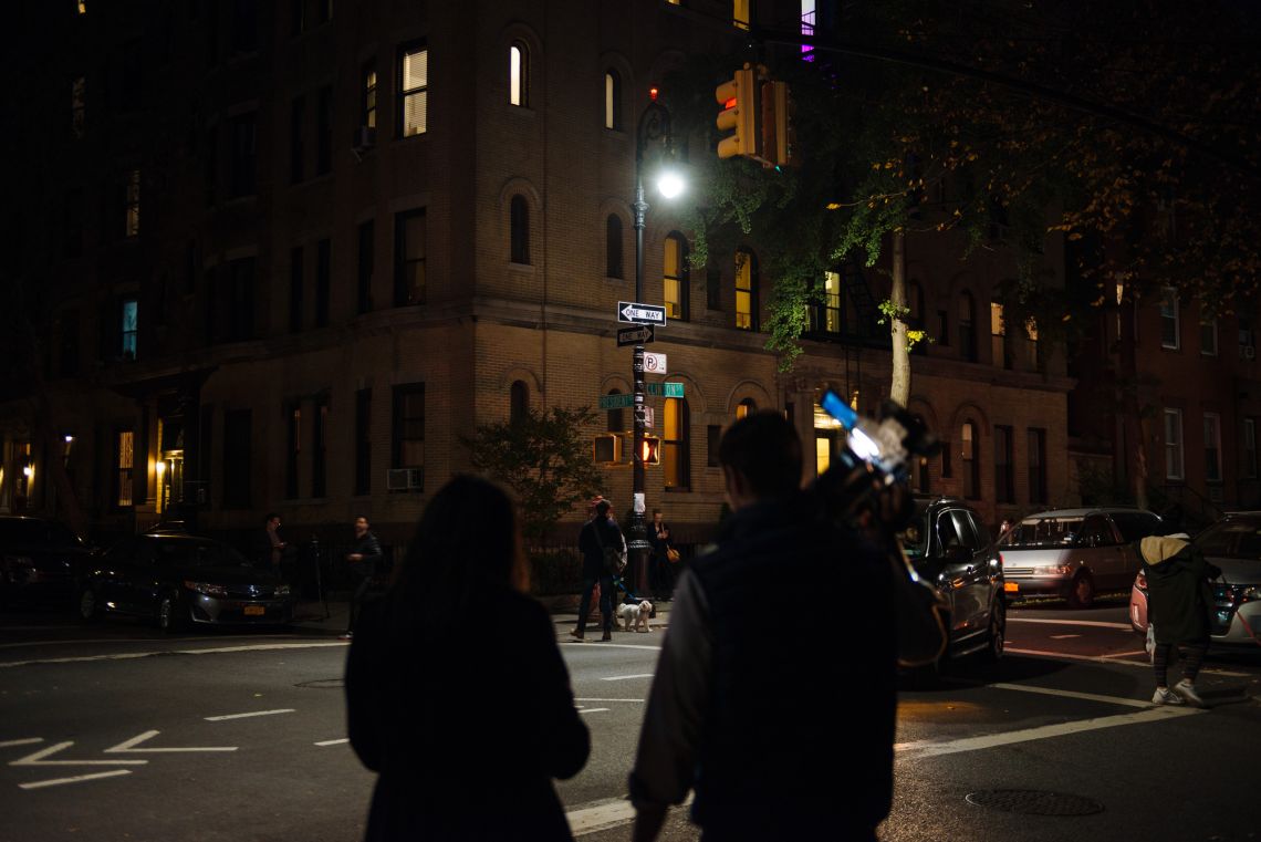 A TV news crew set up at the intersection of Clinton and President streets in Cobble Hill