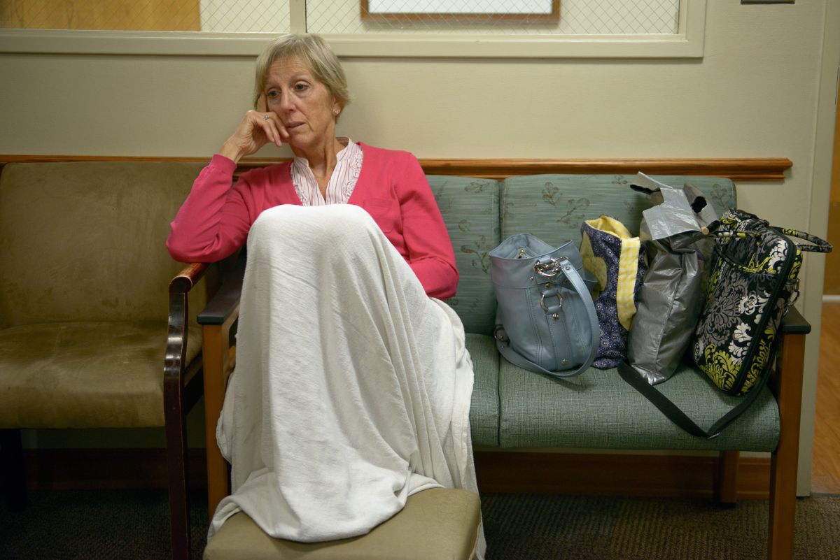 mother on couch hospital waiting room