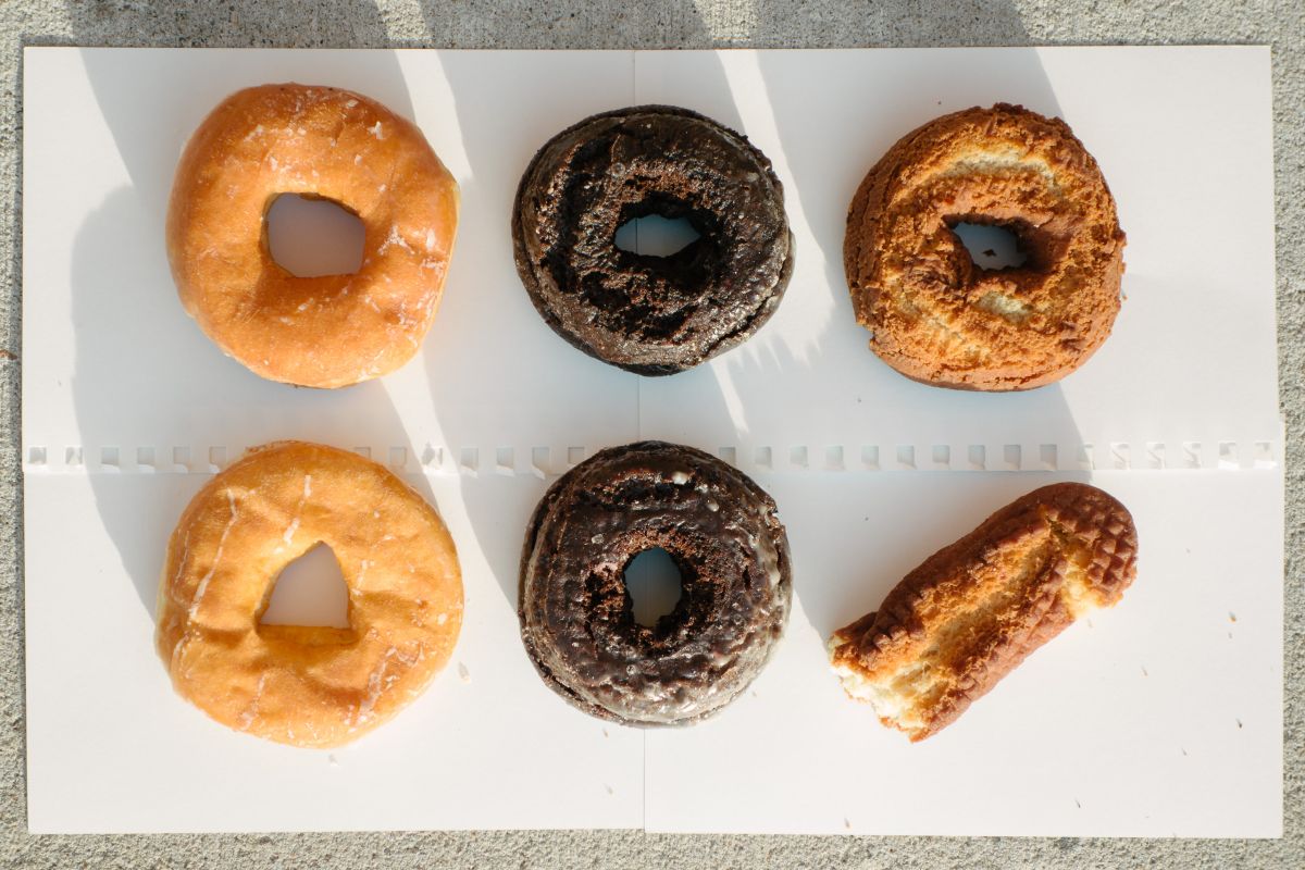 Sugar donuts, chocolate cake donuts, old fashioned donut and cruller