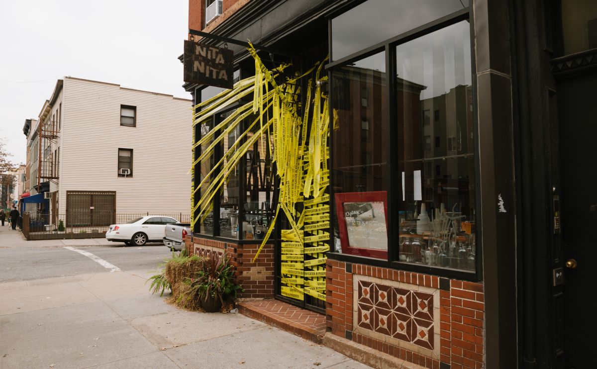 Nita Nita in Williamsburg, Brooklyn has closed and become a gentrification crime scene/artist installation.