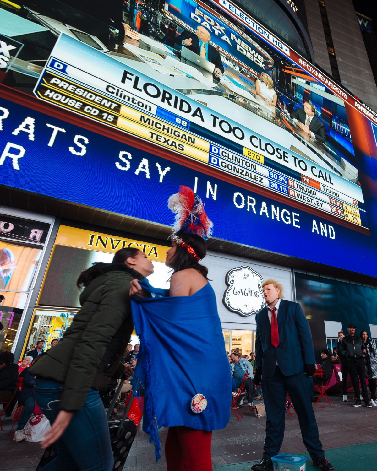 Trump performer leering at desnudas in Times Square