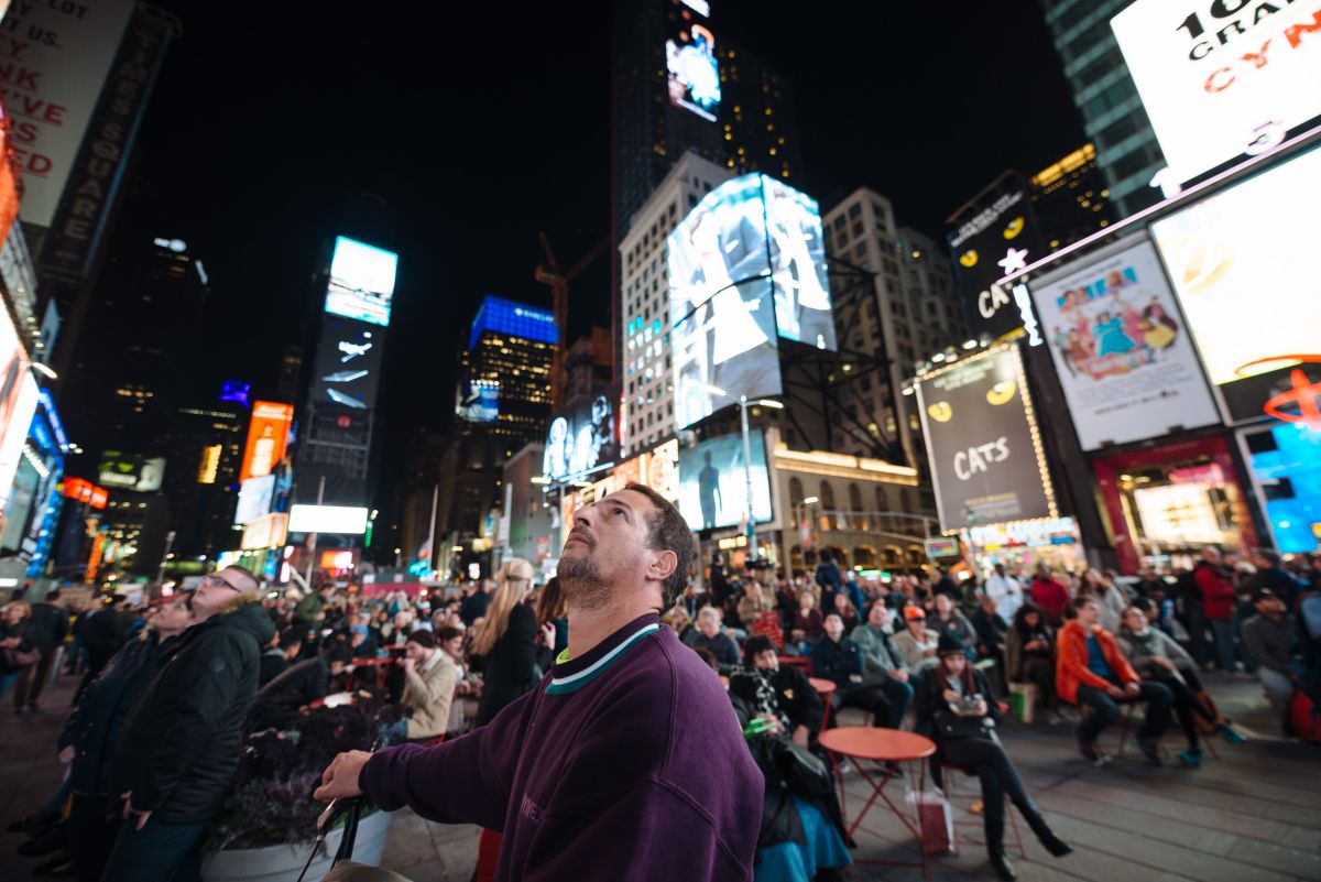 Watching the results trickle in at Times Square