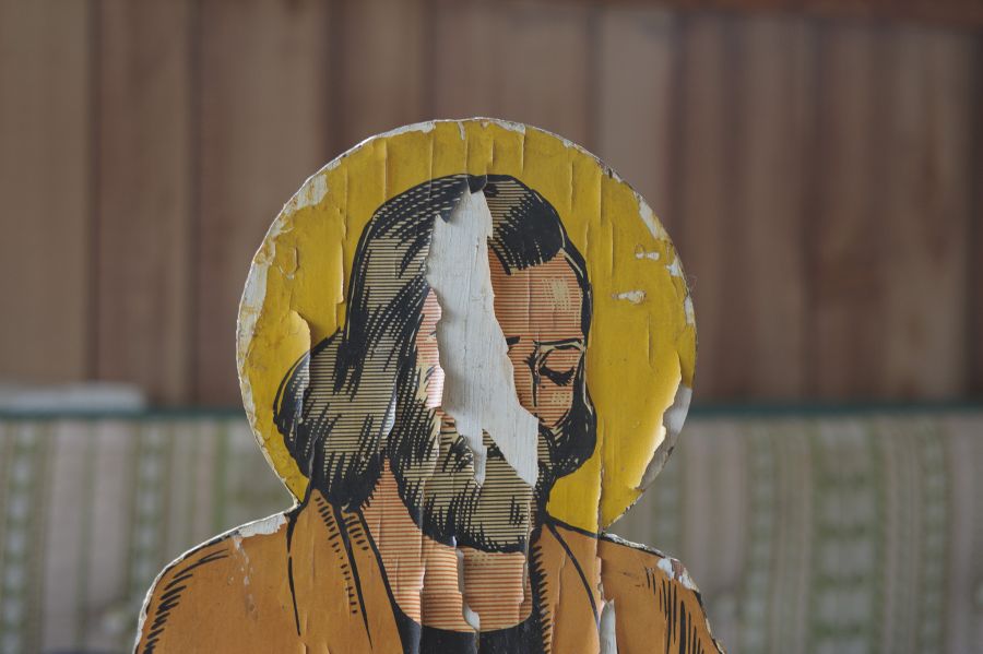 wooden paper jesus yellow halo peeling